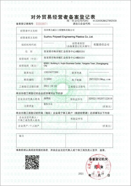 Porcellana Suzhou Polywell Engineering Plastics Co.,Ltd Certificazioni